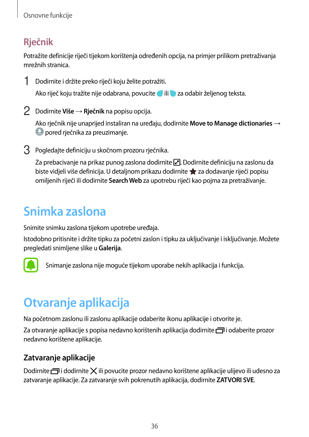 Samsung SM-J530FZKASEE, SM-J530FZDASEE manual Snimka zaslona, Otvaranje aplikacija, Rječnik, Zatvaranje aplikacije 