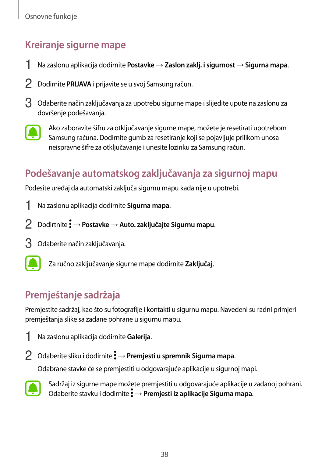 Samsung SM-J530FZKASEE, SM-J530FZDASEE manual Kreiranje sigurne mape, Podešavanje automatskog zaključavanja za sigurnoj mapu 