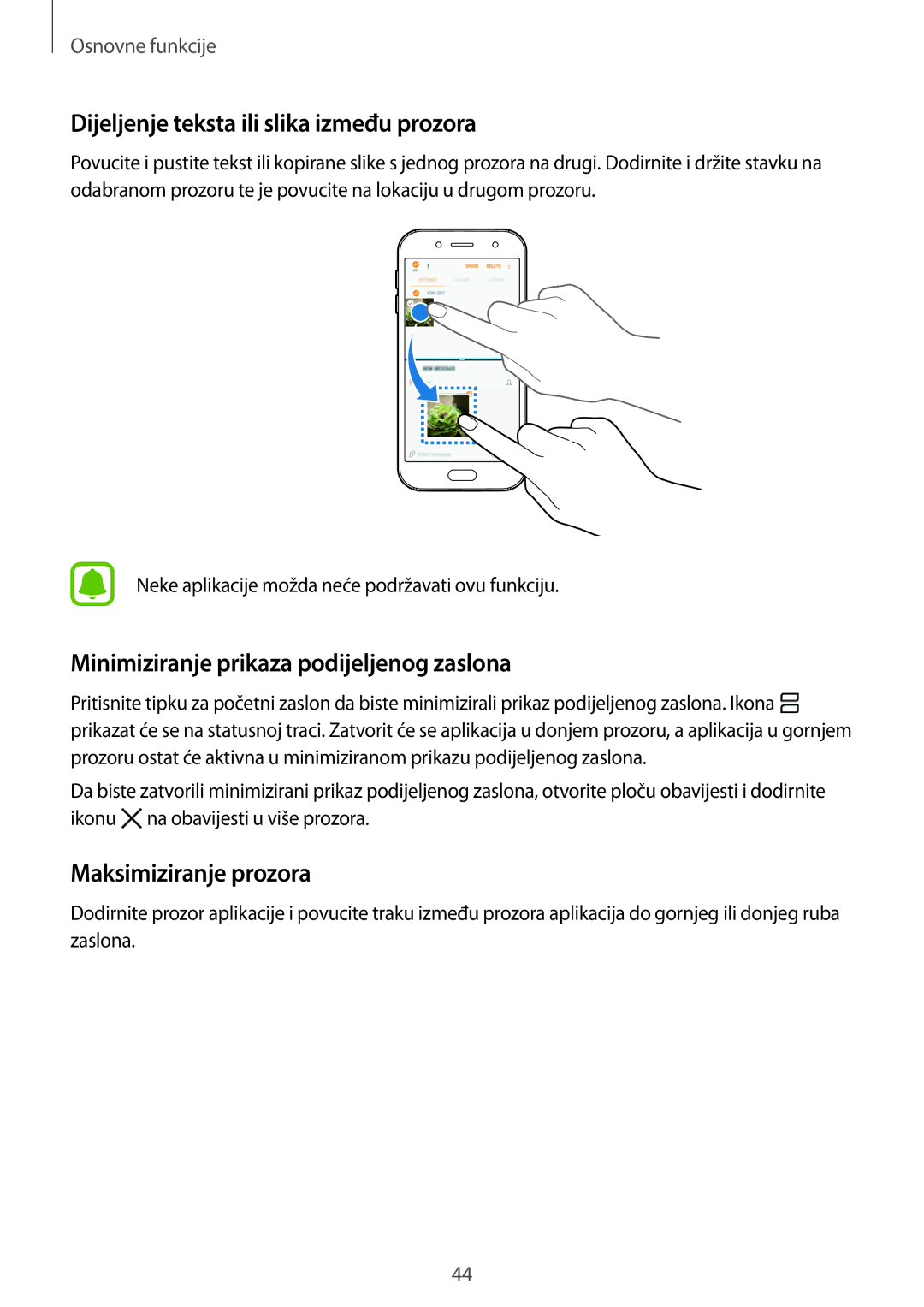 Samsung SM-J530FZKASEE manual Dijeljenje teksta ili slika između prozora, Minimiziranje prikaza podijeljenog zaslona 