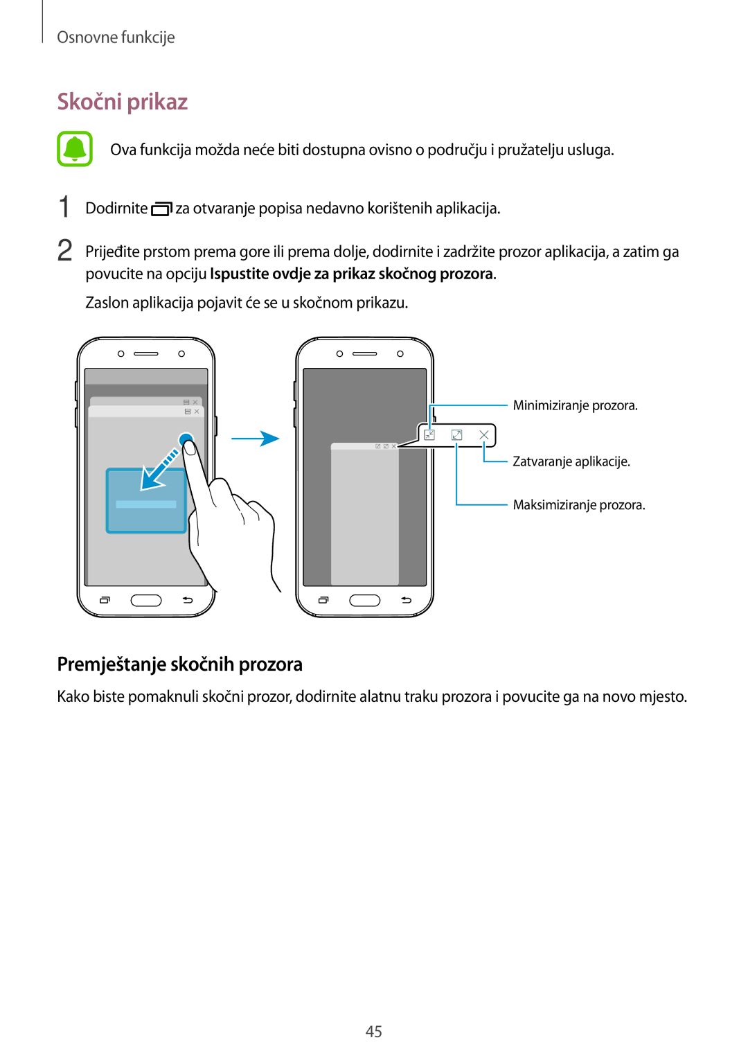 Samsung SM-J530FZDASEE, SM-J530FZKASEE manual Skočni prikaz, Premještanje skočnih prozora 