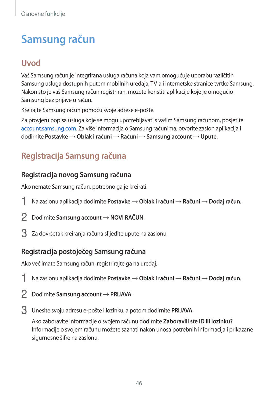 Samsung SM-J530FZKASEE, SM-J530FZDASEE manual Registracija Samsung računa, Registracija novog Samsung računa 
