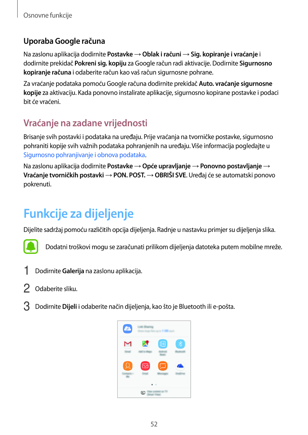 Samsung SM-J530FZKASEE, SM-J530FZDASEE manual Funkcije za dijeljenje, Vraćanje na zadane vrijednosti, Uporaba Google računa 