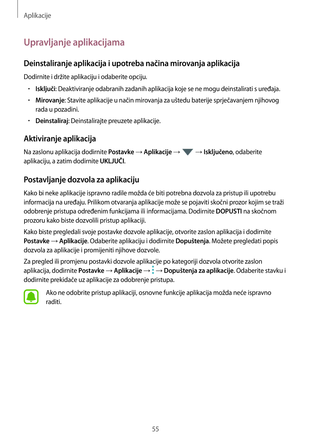 Samsung SM-J530FZDASEE manual Upravljanje aplikacijama, Aktiviranje aplikacija, Postavljanje dozvola za aplikaciju 