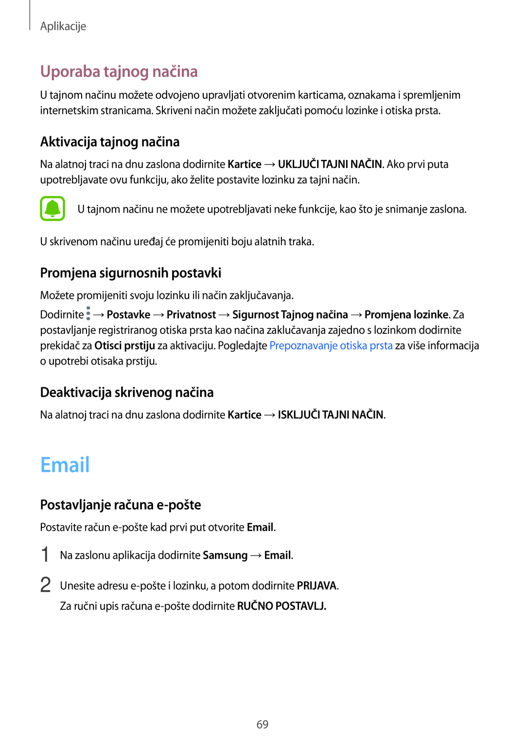 Samsung SM-J530FZDASEE, SM-J530FZKASEE manual Uporaba tajnog načina, Aktivacija tajnog načina, Promjena sigurnosnih postavki 