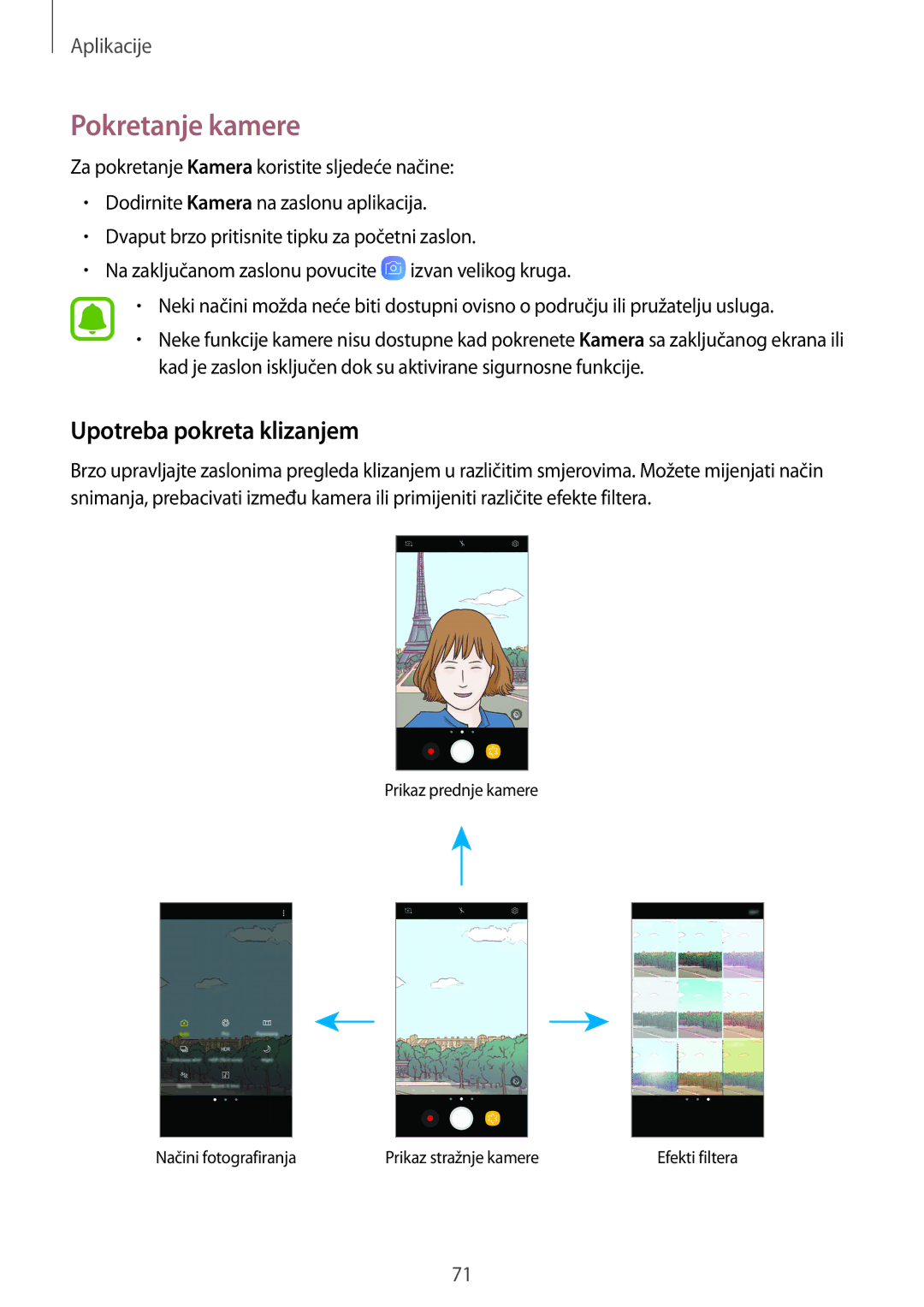 Samsung SM-J530FZDASEE, SM-J530FZKASEE manual Pokretanje kamere, Upotreba pokreta klizanjem 