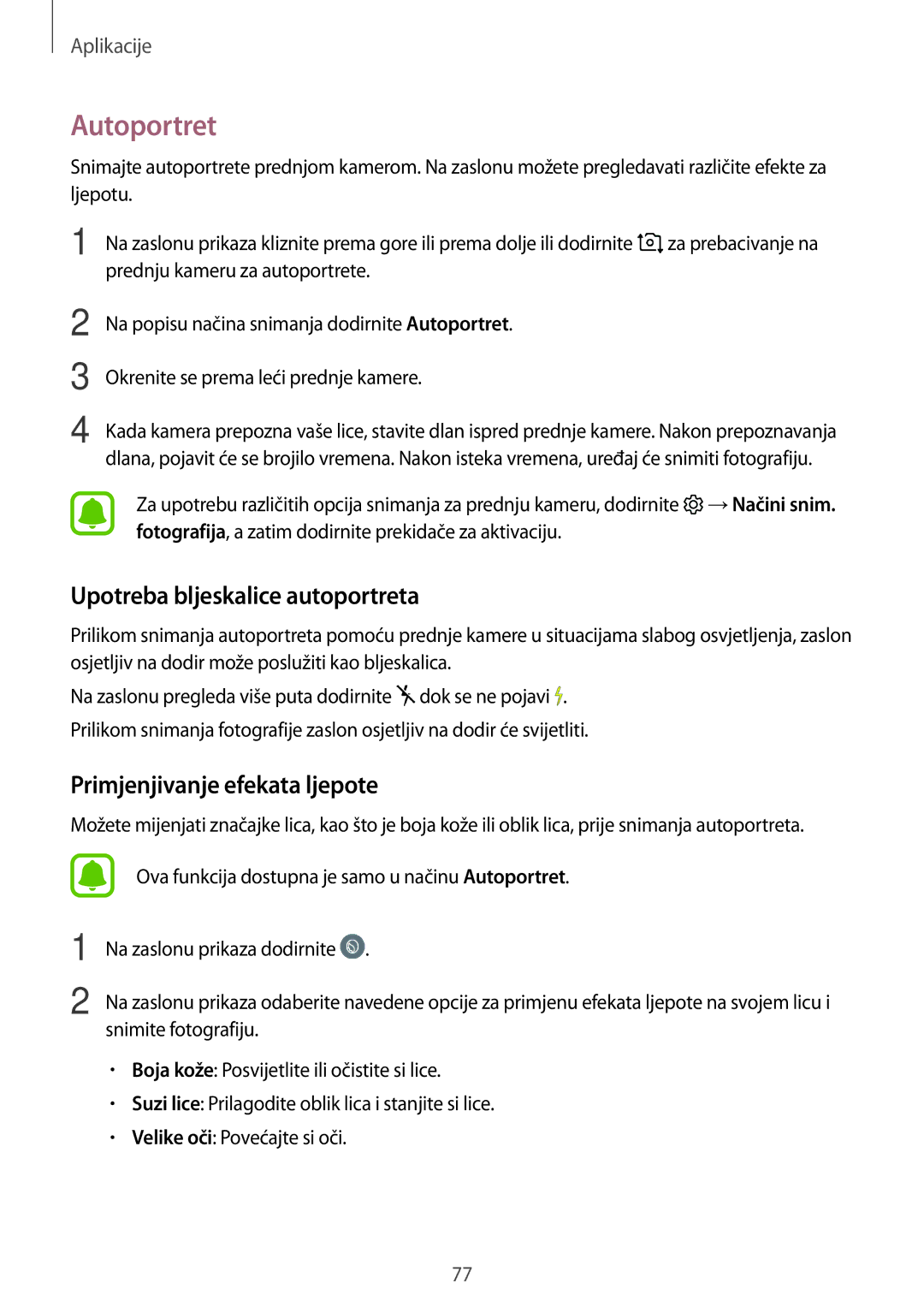 Samsung SM-J530FZDASEE, SM-J530FZKASEE manual Autoportret, Upotreba bljeskalice autoportreta, Primjenjivanje efekata ljepote 