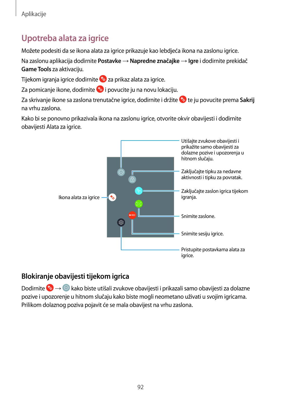 Samsung SM-J530FZKASEE, SM-J530FZDASEE manual Upotreba alata za igrice, Blokiranje obavijesti tijekom igrica 