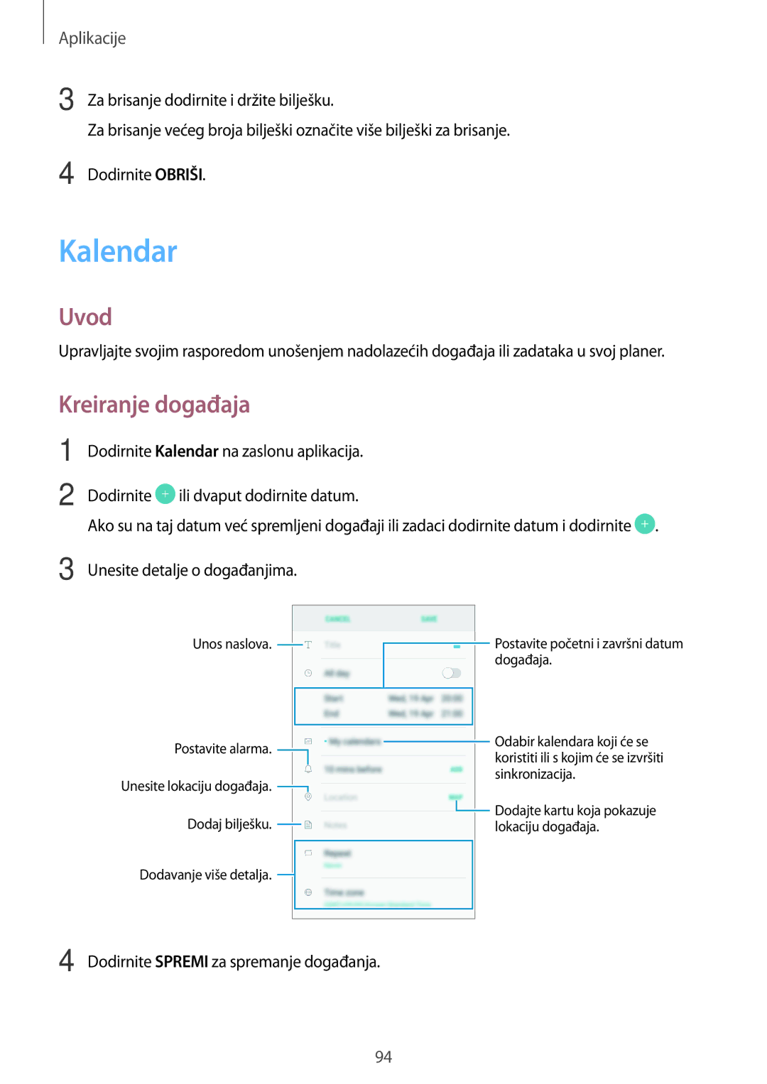 Samsung SM-J530FZKASEE, SM-J530FZDASEE manual Kalendar, Kreiranje događaja 