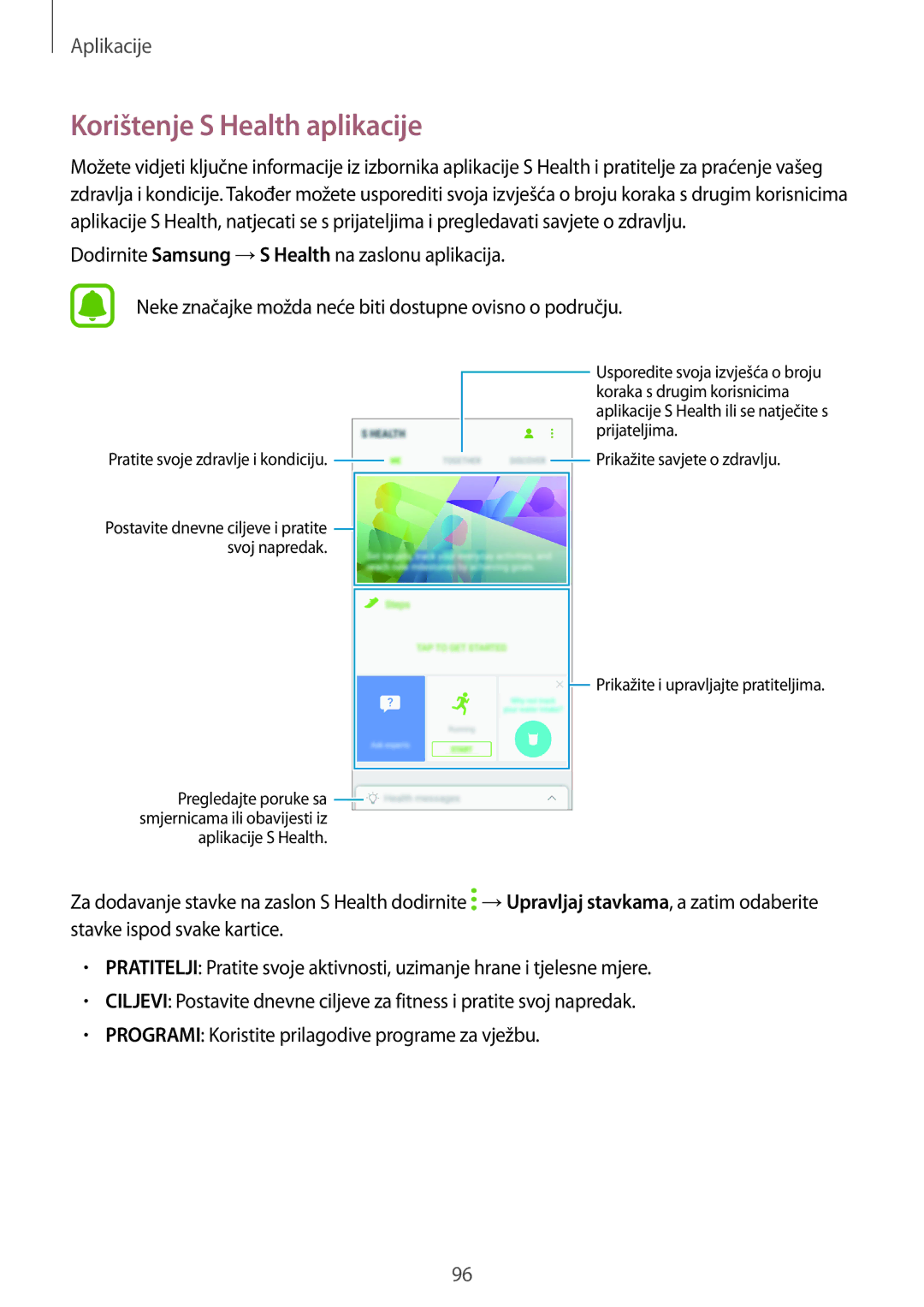 Samsung SM-J530FZKASEE, SM-J530FZDASEE manual Korištenje S Health aplikacije, Pratite svoje zdravlje i kondiciju 