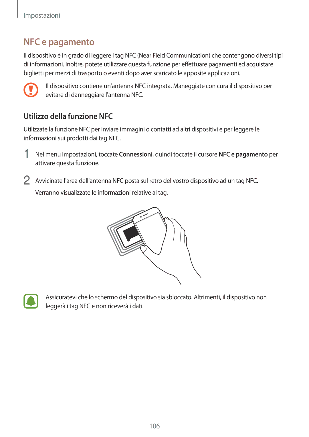 Samsung SM-J530FZSAITV, SM-J530FZKDITV, SM-J530FZKAITV, SM-J530FZDDITV manual NFC e pagamento, Utilizzo della funzione NFC 