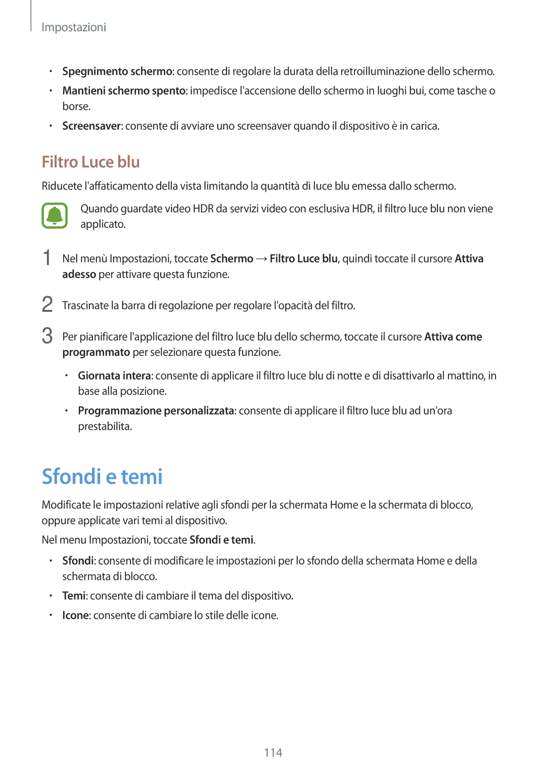 Samsung SM-J530FZKDITV, SM-J530FZKAITV, SM-J530FZDDITV, SM-J530FZSDITV, SM-J530FZSAITV manual Sfondi e temi, Filtro Luce blu 