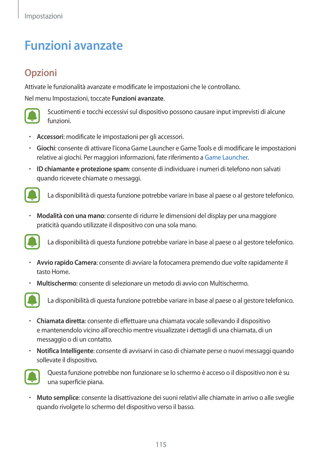 Samsung SM-J530FZKAITV, SM-J530FZKDITV, SM-J530FZDDITV, SM-J530FZSDITV, SM-J530FZSAITV, SM-J530FZDAITV manual Funzioni avanzate 