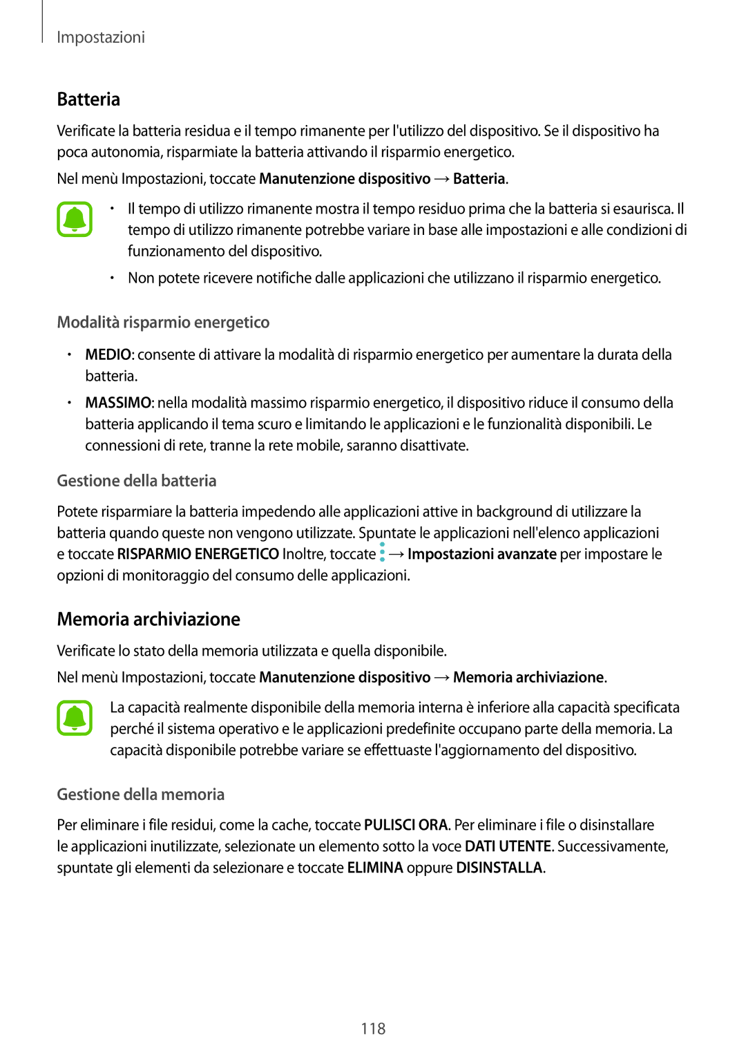 Samsung SM-J530FZSAITV, SM-J530FZKDITV, SM-J530FZKAITV, SM-J530FZDDITV, SM-J530FZSDITV manual Batteria, Memoria archiviazione 