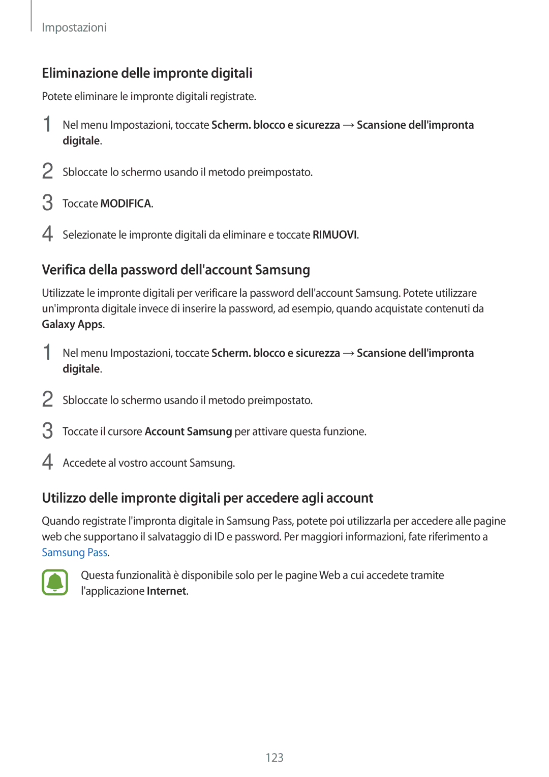 Samsung SM-J530FZSDITV manual Eliminazione delle impronte digitali, Verifica della password dellaccount Samsung, Digitale 