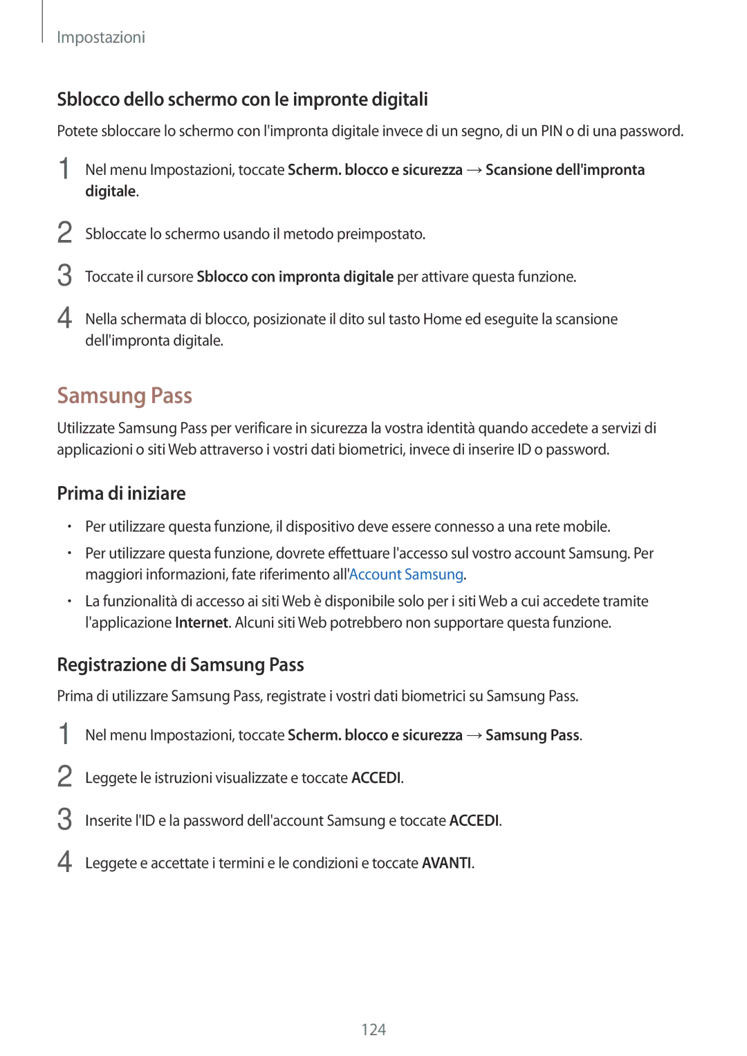 Samsung SM-J530FZSAITV, SM-J530FZKDITV Samsung Pass, Sblocco dello schermo con le impronte digitali, Prima di iniziare 