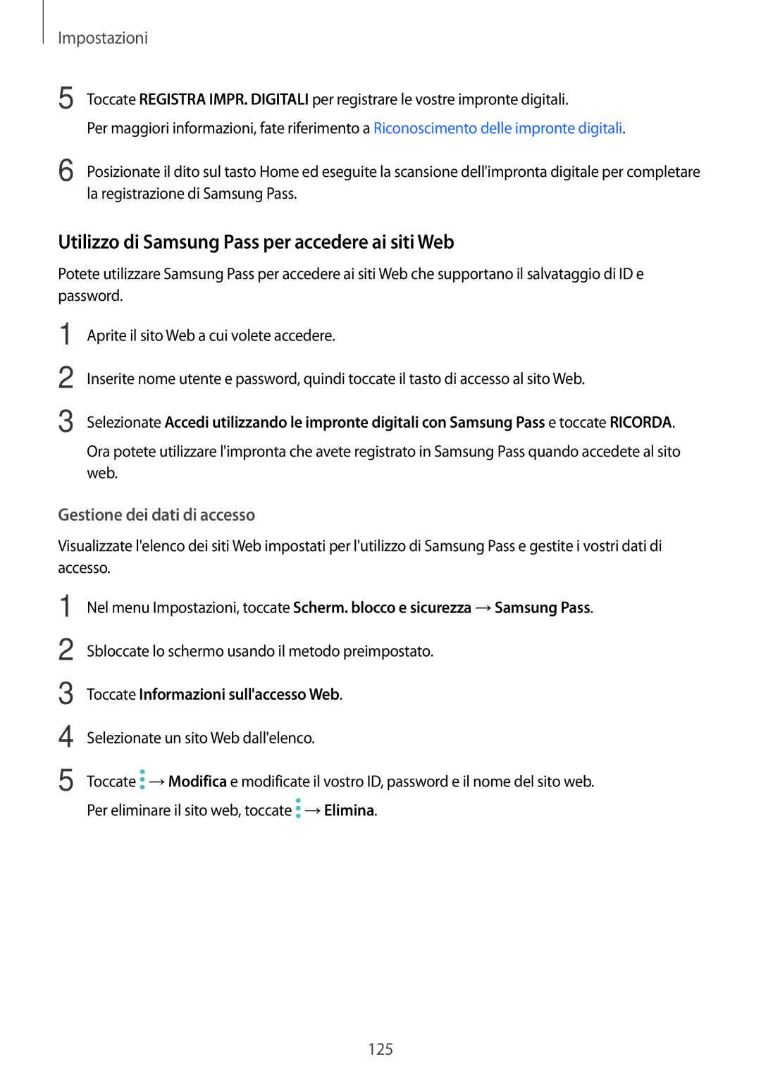 Samsung SM-J530FZDAITV manual Utilizzo di Samsung Pass per accedere ai siti Web, Toccate Informazioni sullaccesso Web 