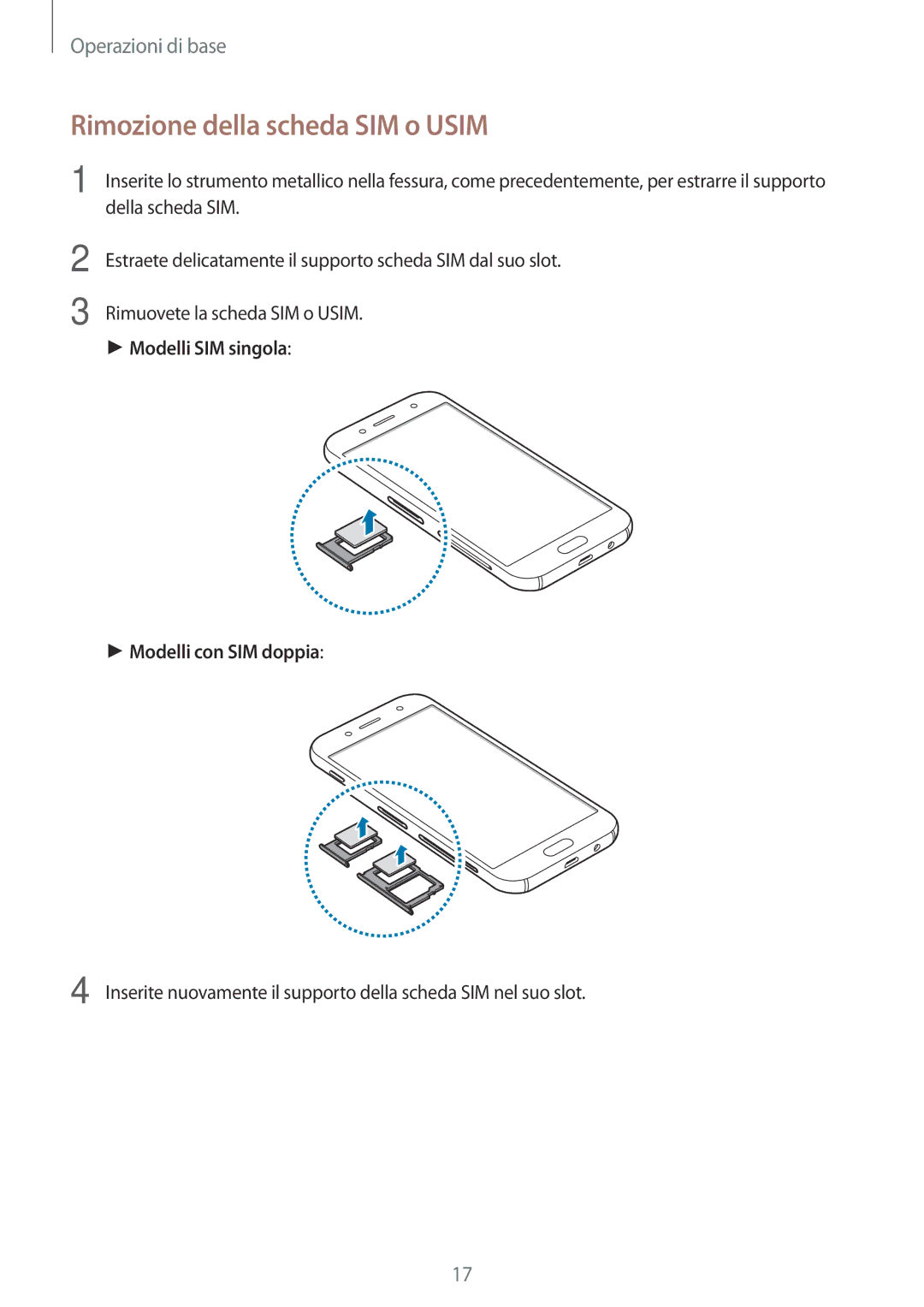 Samsung SM-J530FZDAITV, SM-J530FZKDITV manual Rimozione della scheda SIM o Usim, Modelli SIM singola Modelli con SIM doppia 