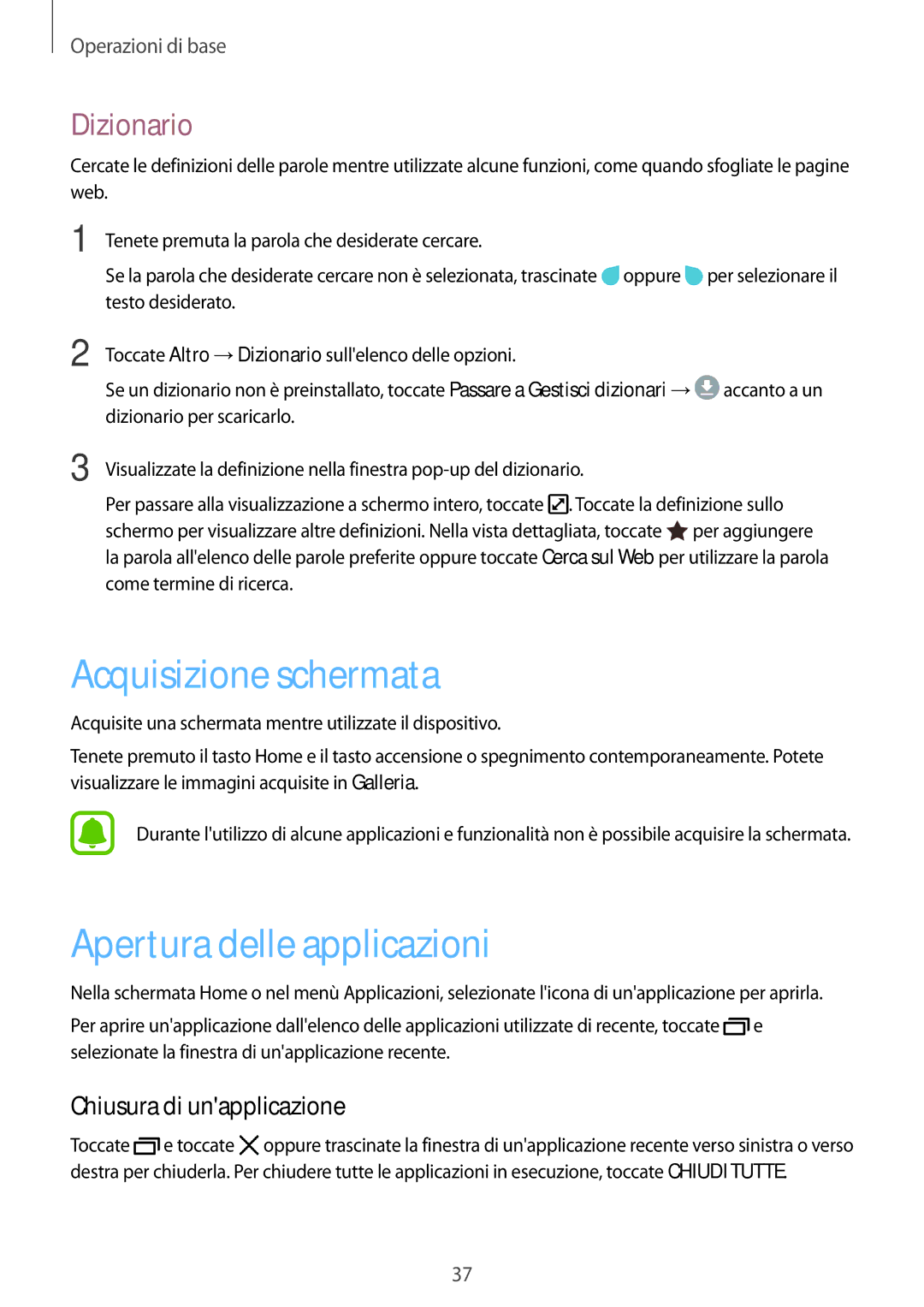 Samsung SM-J530FZKAITV manual Acquisizione schermata, Apertura delle applicazioni, Dizionario, Chiusura di unapplicazione 