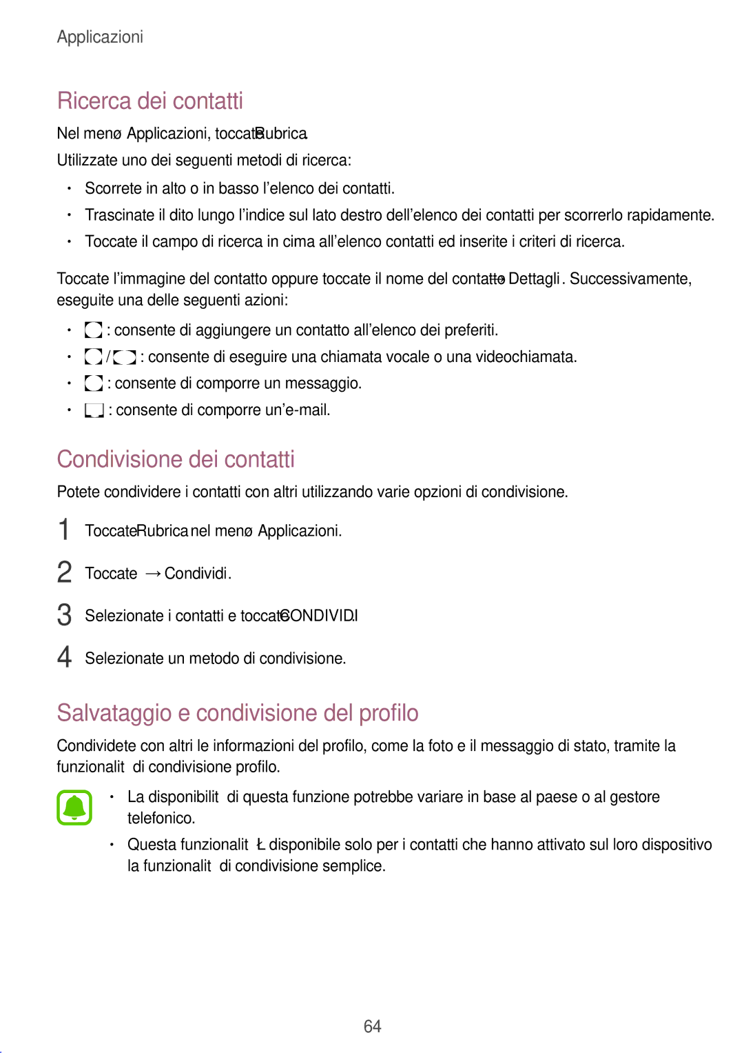 Samsung SM-J530FZSAITV manual Ricerca dei contatti, Condivisione dei contatti, Salvataggio e condivisione del profilo 