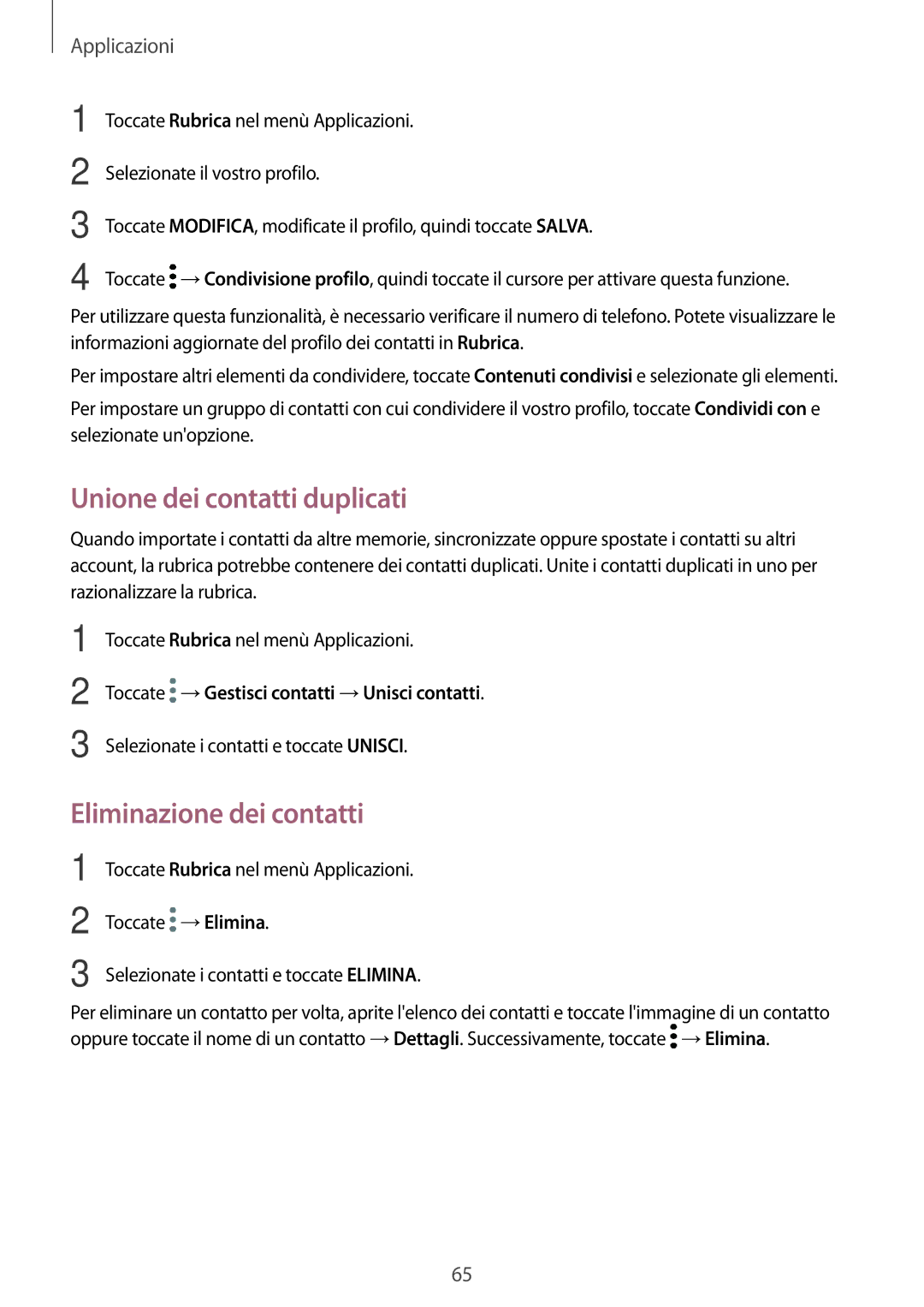 Samsung SM-J530FZDAITV, SM-J530FZKDITV, SM-J530FZKAITV manual Unione dei contatti duplicati, Eliminazione dei contatti 