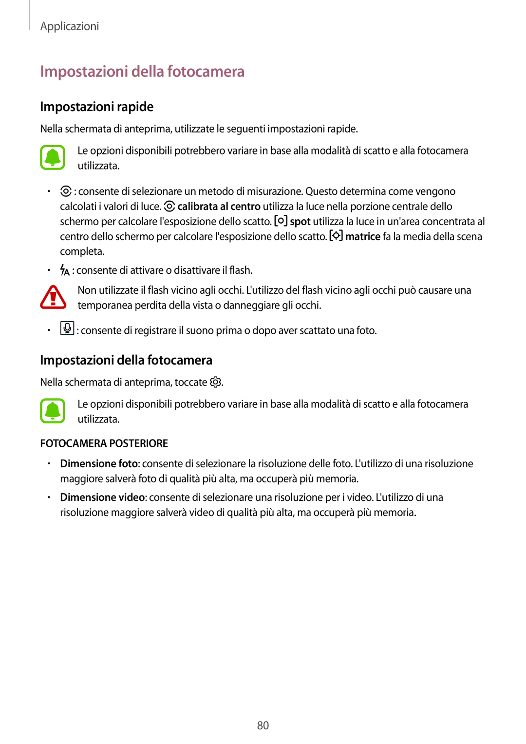 Samsung SM-J530FZDDITV, SM-J530FZKDITV, SM-J530FZKAITV, SM-J530FZSDITV Impostazioni della fotocamera, Impostazioni rapide 