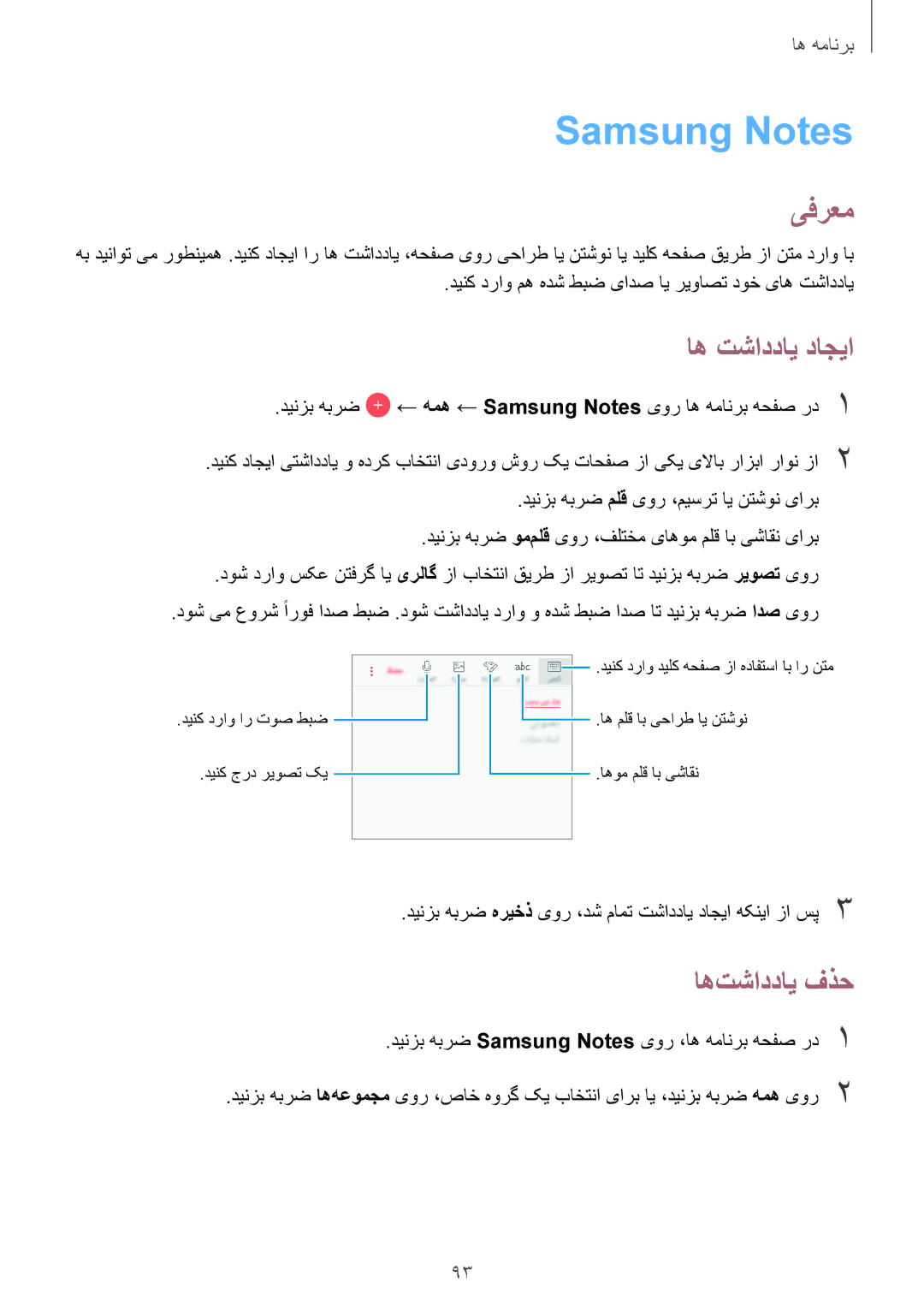 Samsung SM-J730FZDDKSA, SM-J530FZKDKSA, SM-J730FZKDKSA, SM-J530FZDDKSA manual Samsung Notes, اه تشاددای داجیا, اه‌تشاددای فذح 