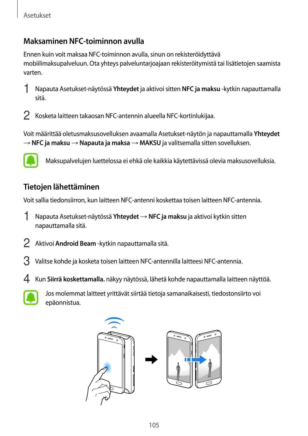 Samsung SM-J530FZDDNEE, SM-J530FZSDNEE, SM-J530FZKDNEE manual Maksaminen NFC-toiminnon avulla, Tietojen lähettäminen 