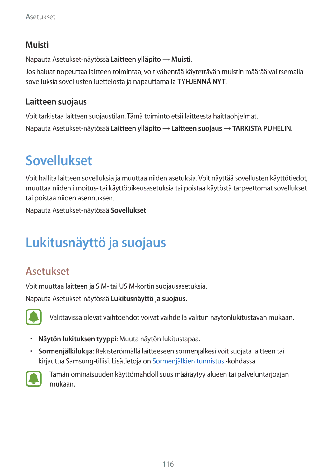 Samsung SM-J730FZKDNEE, SM-J530FZSDNEE, SM-J530FZKDNEE manual Sovellukset, Lukitusnäyttö ja suojaus, Muisti, Laitteen suojaus 