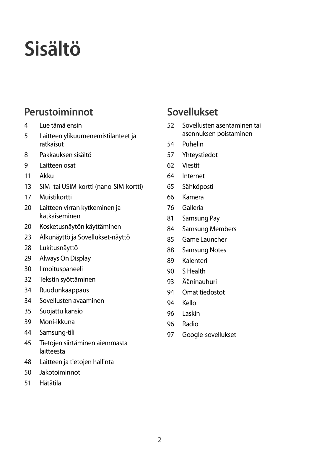 Samsung SM-J730FZKDNEE, SM-J530FZSDNEE, SM-J530FZKDNEE, SM-J530FZDDNEE, SM-J730FZSDNEE, SM-J730FZDDNEE manual Sisältö 