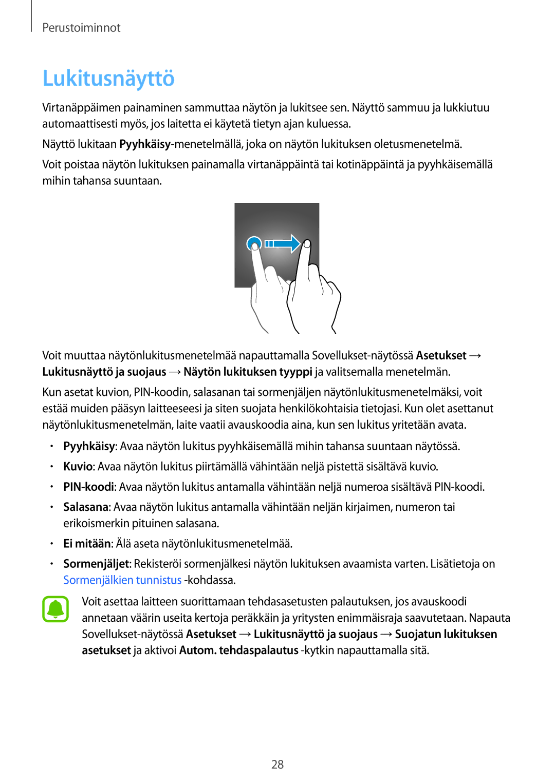 Samsung SM-J730FZSDNEE, SM-J530FZSDNEE, SM-J530FZKDNEE, SM-J730FZKDNEE, SM-J530FZDDNEE, SM-J730FZDDNEE manual Lukitusnäyttö 