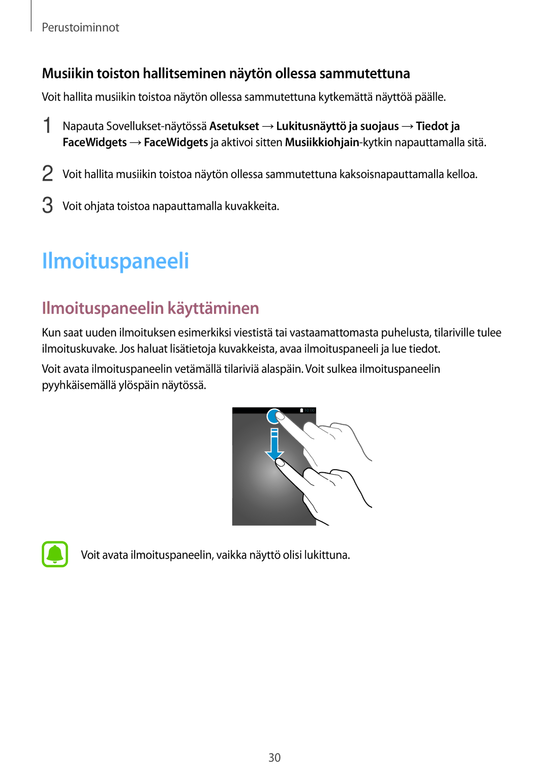 Samsung SM-J530FZSDNEE manual Ilmoituspaneelin käyttäminen, Musiikin toiston hallitseminen näytön ollessa sammutettuna 