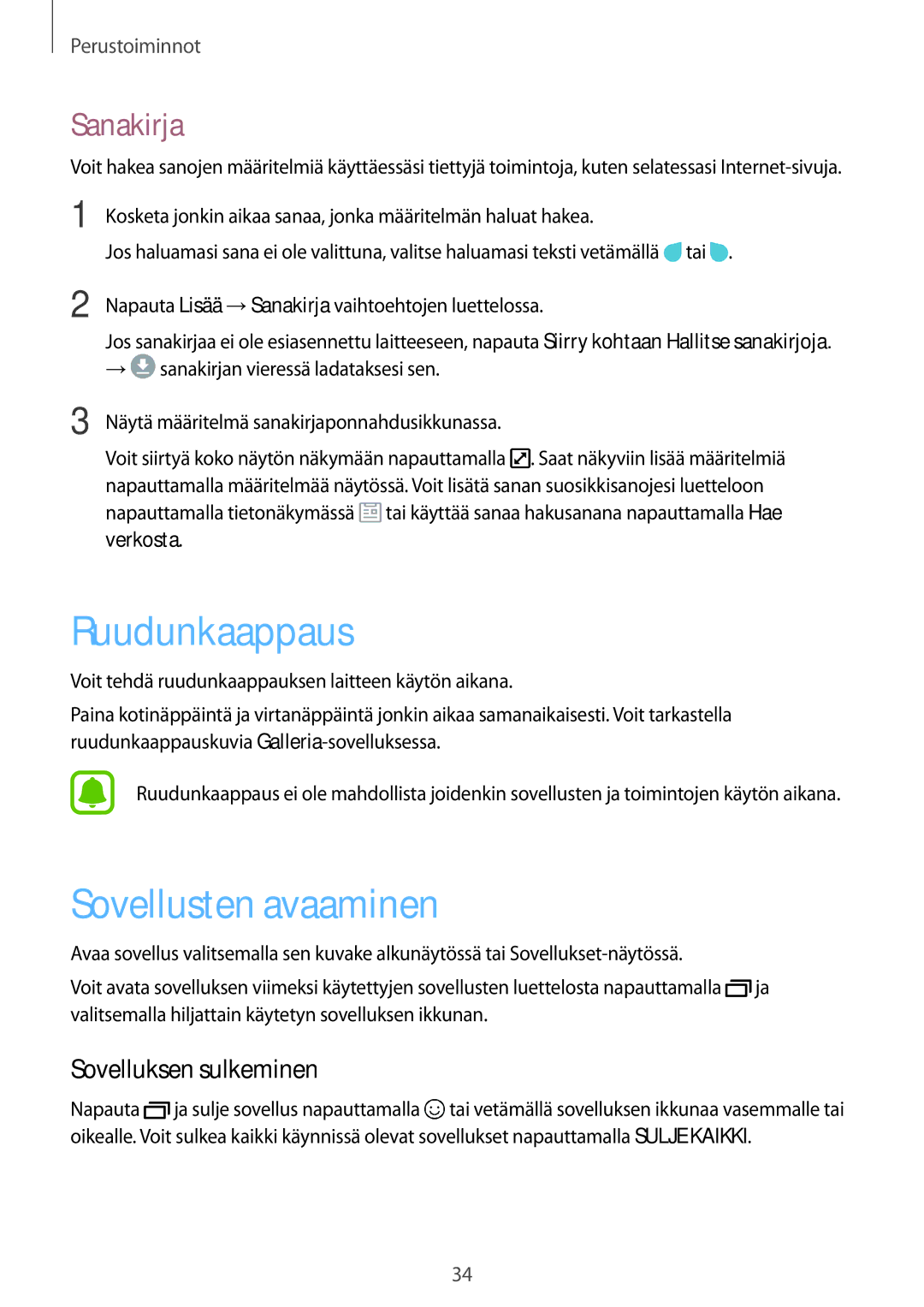 Samsung SM-J730FZSDNEE, SM-J530FZSDNEE manual Ruudunkaappaus, Sovellusten avaaminen, Sanakirja, Sovelluksen sulkeminen 