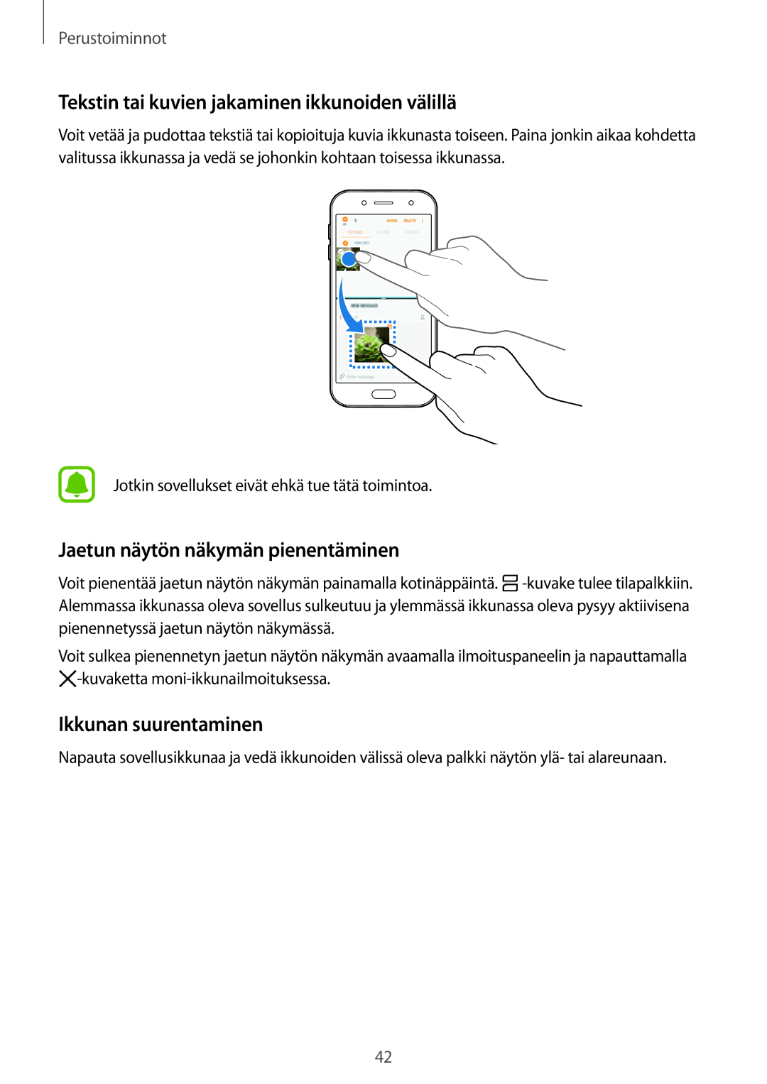 Samsung SM-J530FZSDNEE manual Tekstin tai kuvien jakaminen ikkunoiden välillä, Jaetun näytön näkymän pienentäminen 