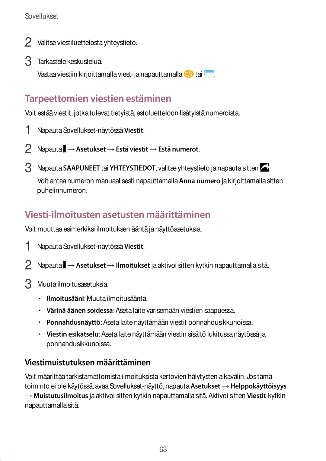 Samsung SM-J530FZDDNEE, SM-J530FZSDNEE manual Tarpeettomien viestien estäminen, Viesti-ilmoitusten asetusten määrittäminen 