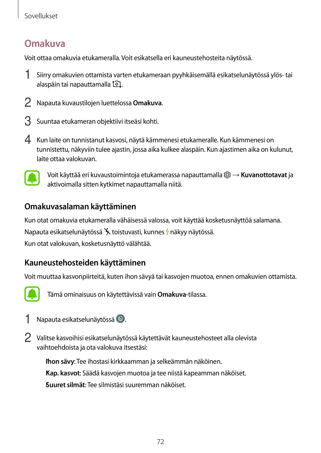 Samsung SM-J530FZSDNEE, SM-J530FZKDNEE, SM-J730FZKDNEE manual Omakuvasalaman käyttäminen, Kauneustehosteiden käyttäminen 