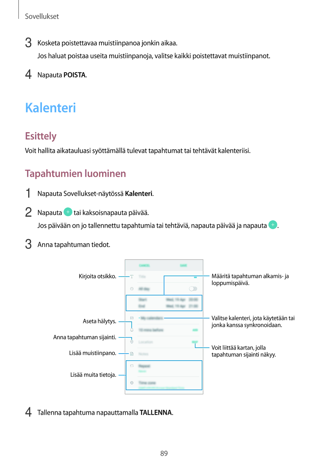 Samsung SM-J730FZDDNEE, SM-J530FZSDNEE, SM-J530FZKDNEE, SM-J730FZKDNEE, SM-J530FZDDNEE manual Kalenteri, Tapahtumien luominen 