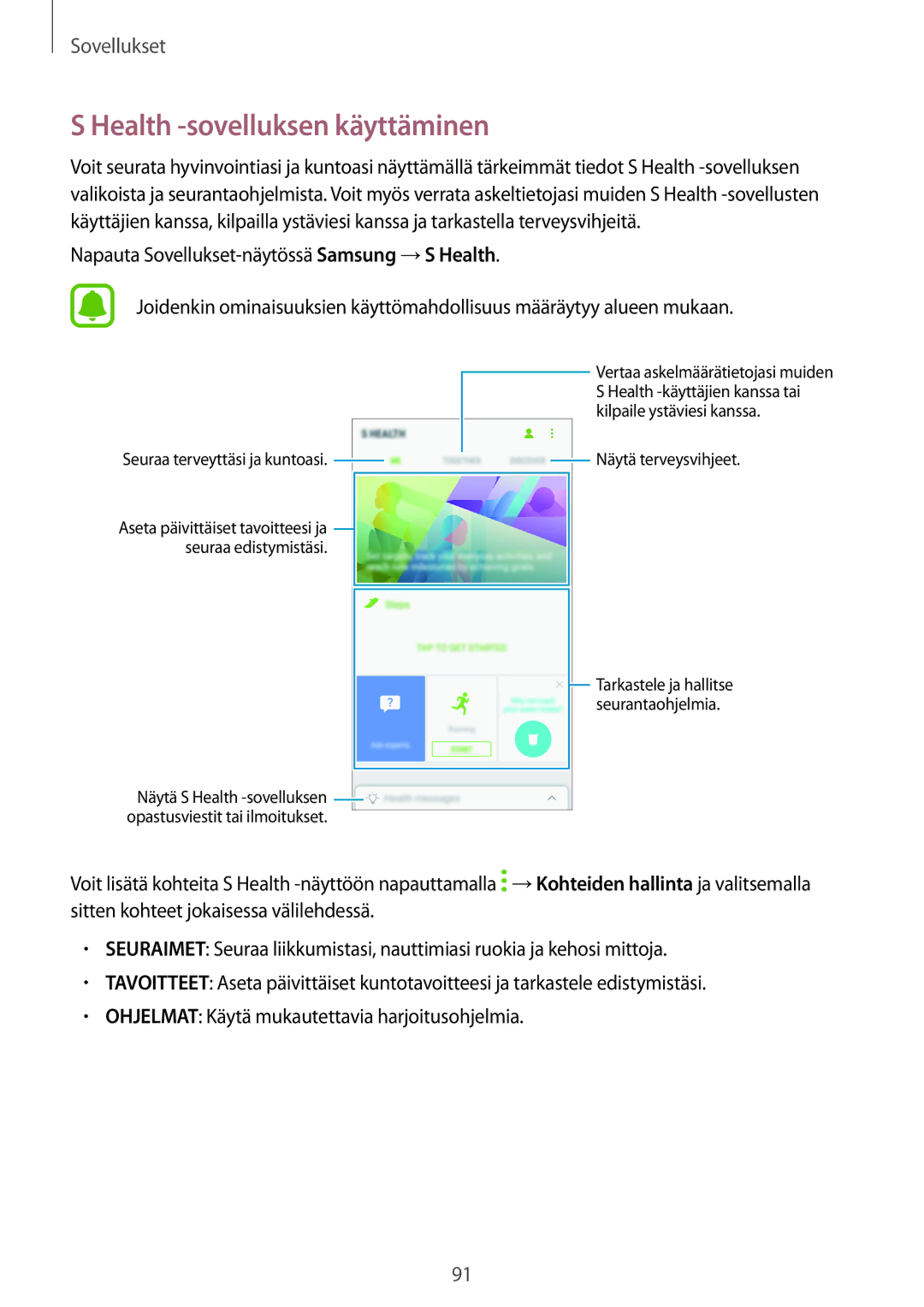 Samsung SM-J530FZKDNEE, SM-J530FZSDNEE, SM-J730FZKDNEE manual Health -sovelluksen käyttäminen, Seuraa terveyttäsi ja kuntoasi 