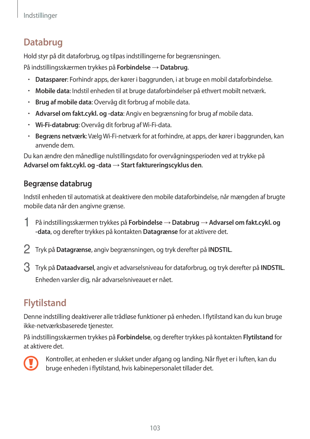 Samsung SM-J530FZKDNEE, SM-J530FZSDNEE, SM-J730FZKDNEE, SM-J530FZDDNEE manual Databrug, Flytilstand, Begrænse databrug 