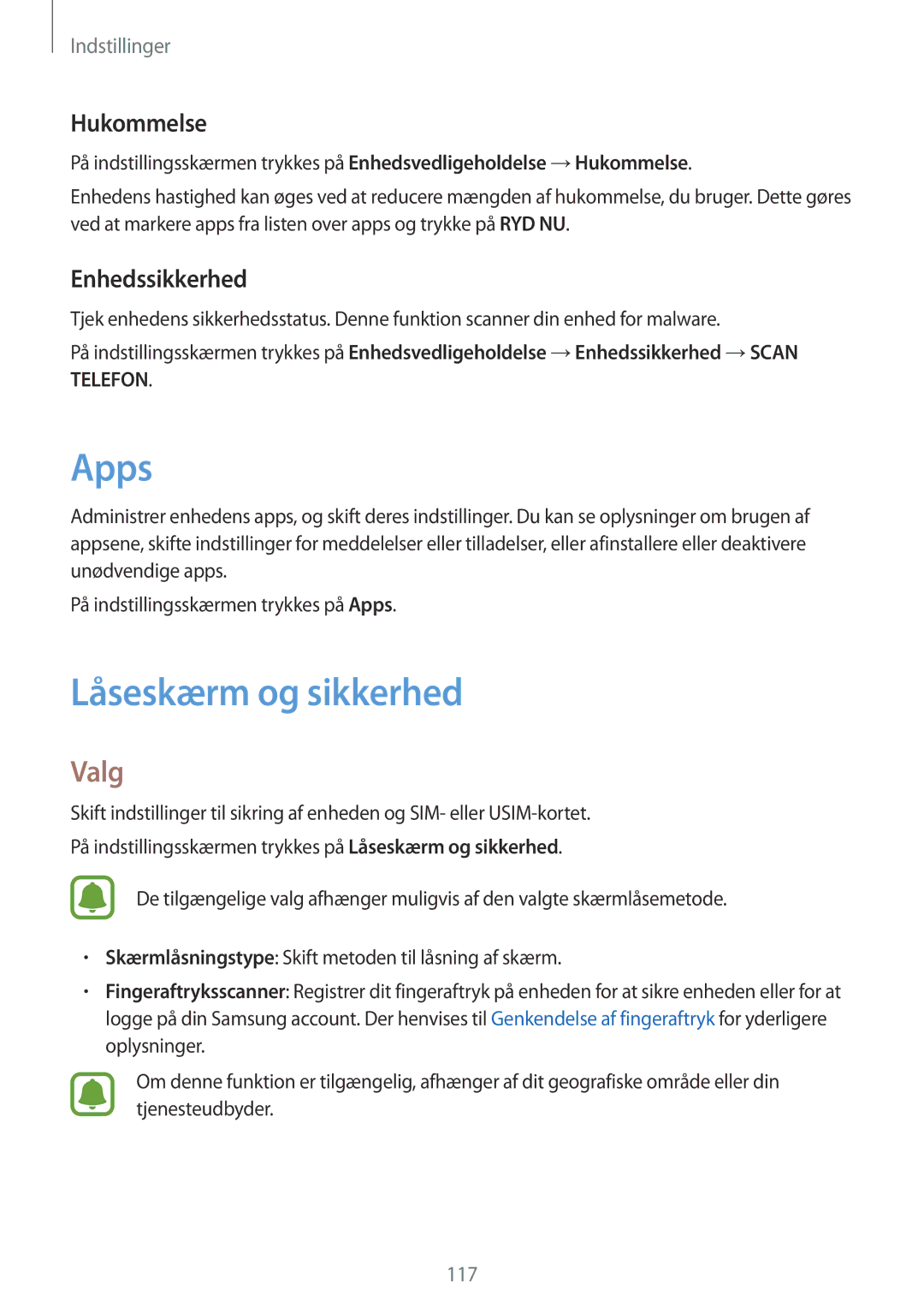 Samsung SM-J530FZDDNEE, SM-J530FZSDNEE, SM-J530FZKDNEE manual Apps, Låseskærm og sikkerhed, Hukommelse, Enhedssikkerhed 