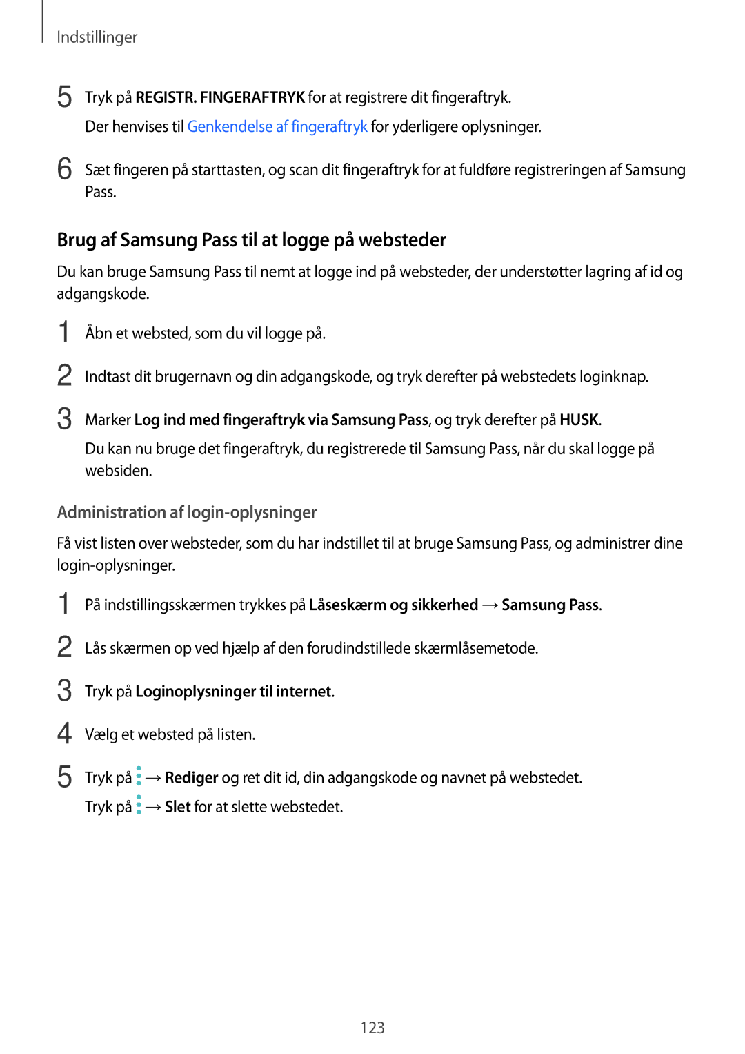 Samsung SM-J530FZDDNEE, SM-J530FZSDNEE, SM-J530FZKDNEE, SM-J730FZKDNEE manual Brug af Samsung Pass til at logge på websteder 