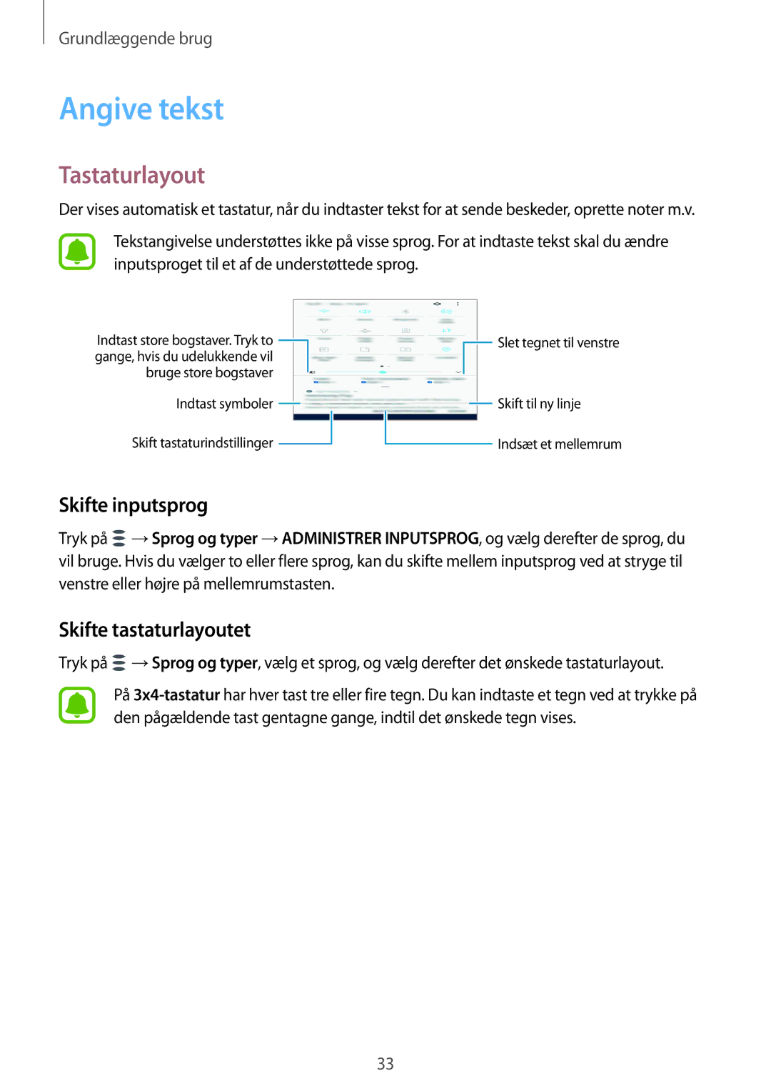 Samsung SM-J530FZDDNEE, SM-J530FZSDNEE manual Angive tekst, Tastaturlayout, Skifte inputsprog, Skifte tastaturlayoutet 