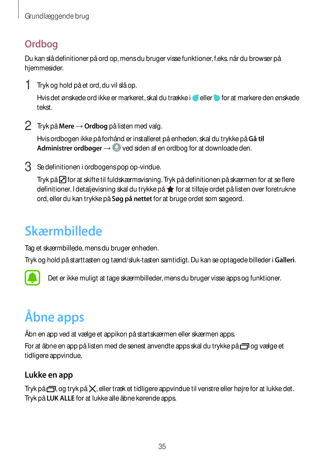 Samsung SM-J730FZDDNEE, SM-J530FZSDNEE, SM-J530FZKDNEE, SM-J730FZKDNEE manual Skærmbillede, Åbne apps, Ordbog, Lukke en app 