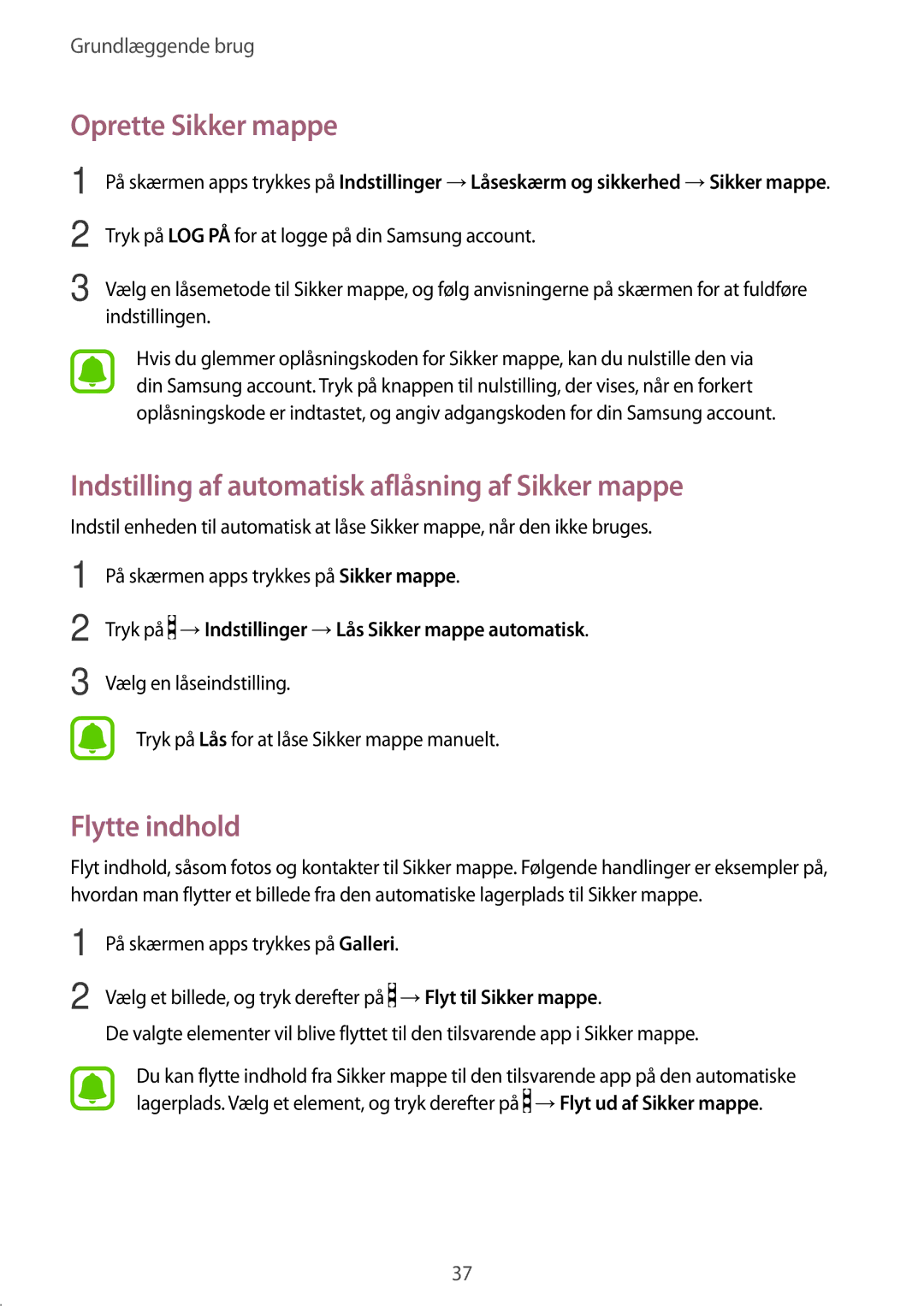 Samsung SM-J530FZKDNEE manual Oprette Sikker mappe, Indstilling af automatisk aflåsning af Sikker mappe, Flytte indhold 