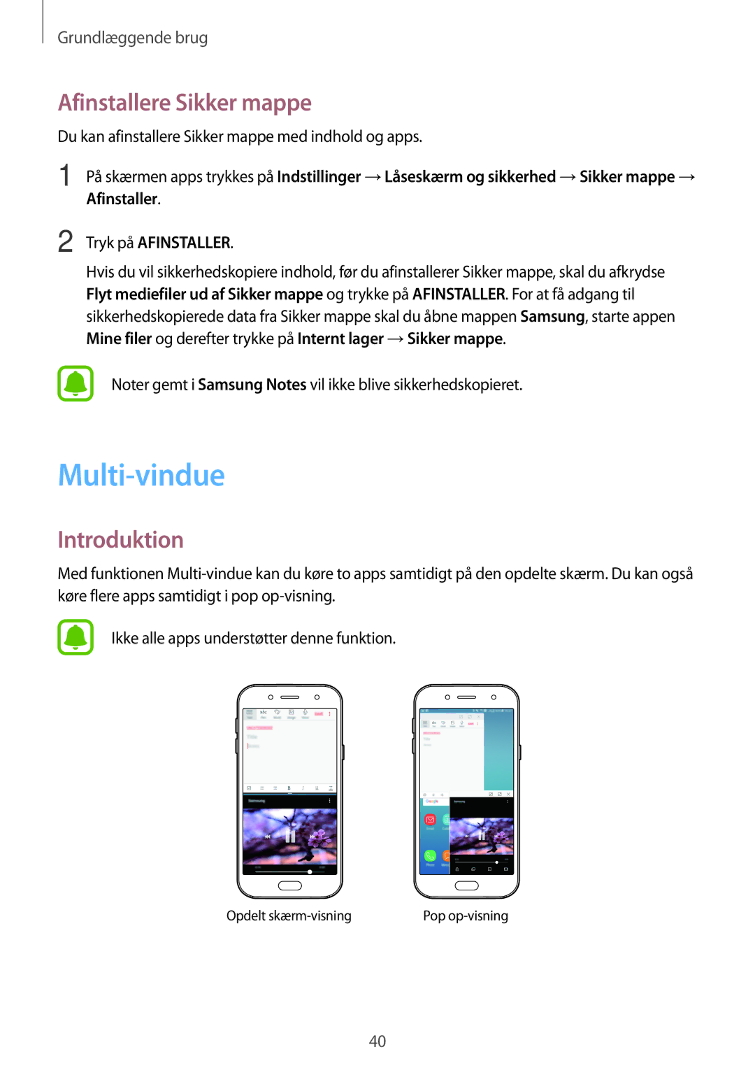 Samsung SM-J730FZSDNEE manual Multi-vindue, Afinstallere Sikker mappe, Du kan afinstallere Sikker mappe med indhold og apps 