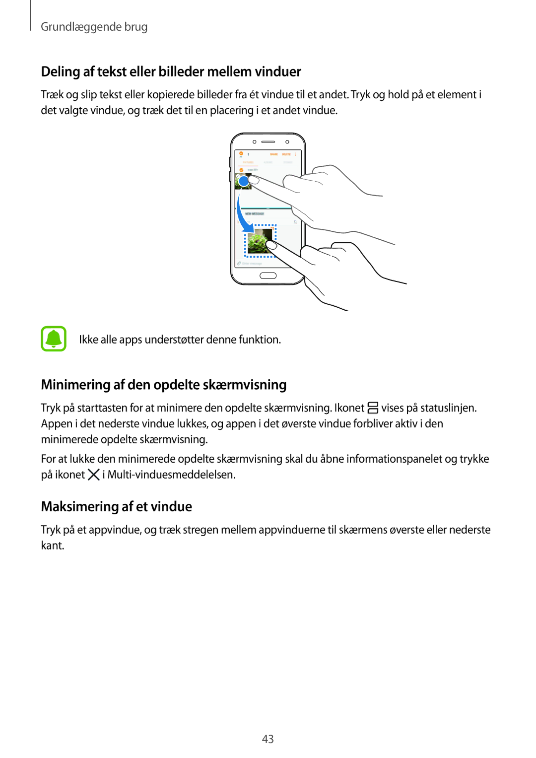 Samsung SM-J530FZKDNEE manual Deling af tekst eller billeder mellem vinduer, Minimering af den opdelte skærmvisning 