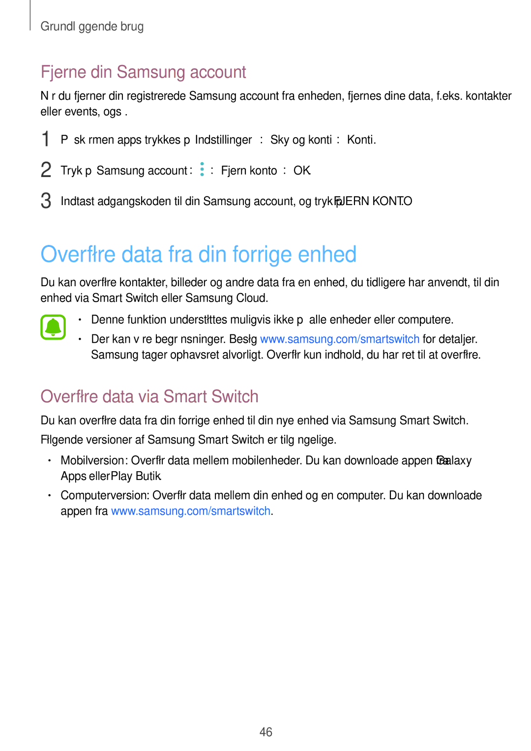 Samsung SM-J730FZSDNEE Overføre data fra din forrige enhed, Fjerne din Samsung account, Overføre data via Smart Switch 