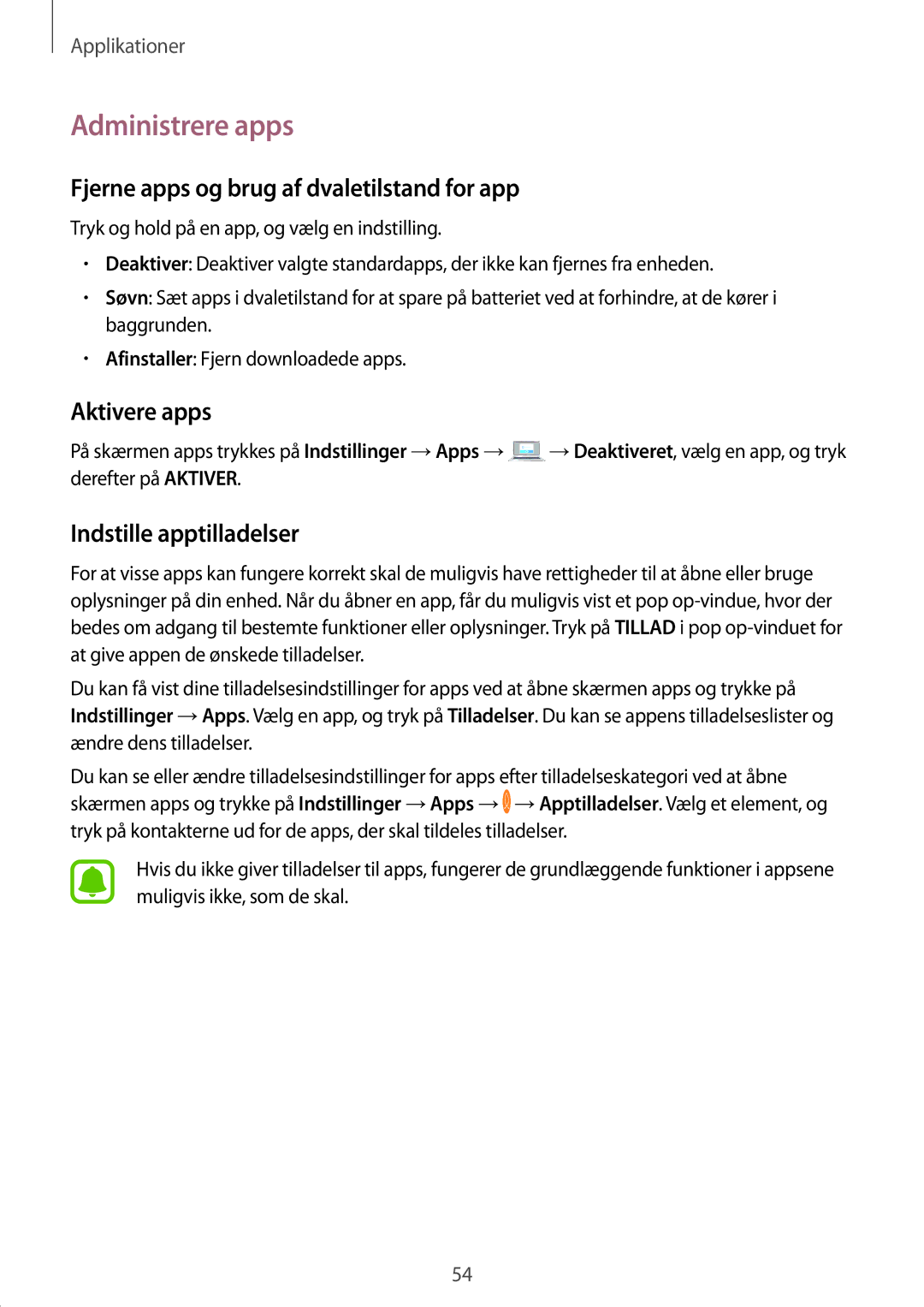 Samsung SM-J530FZSDNEE, SM-J530FZKDNEE manual Administrere apps, Fjerne apps og brug af dvaletilstand for app, Aktivere apps 