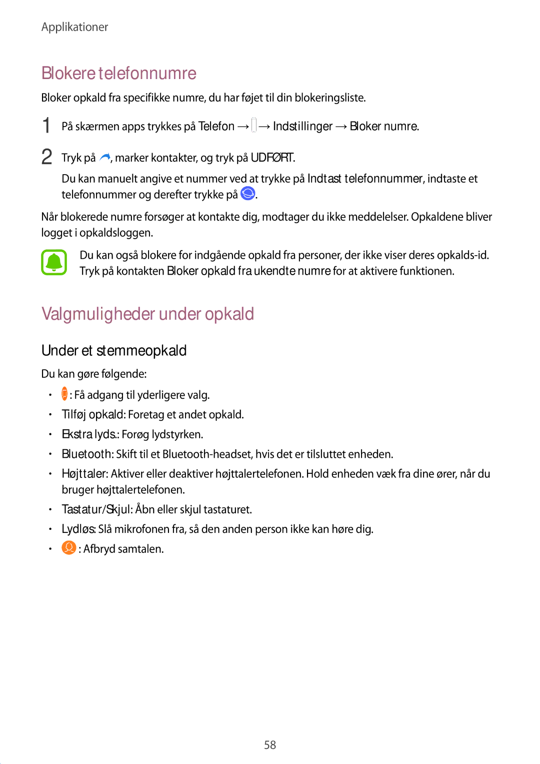 Samsung SM-J730FZSDNEE, SM-J530FZSDNEE manual Blokere telefonnumre, Valgmuligheder under opkald, Under et stemmeopkald 