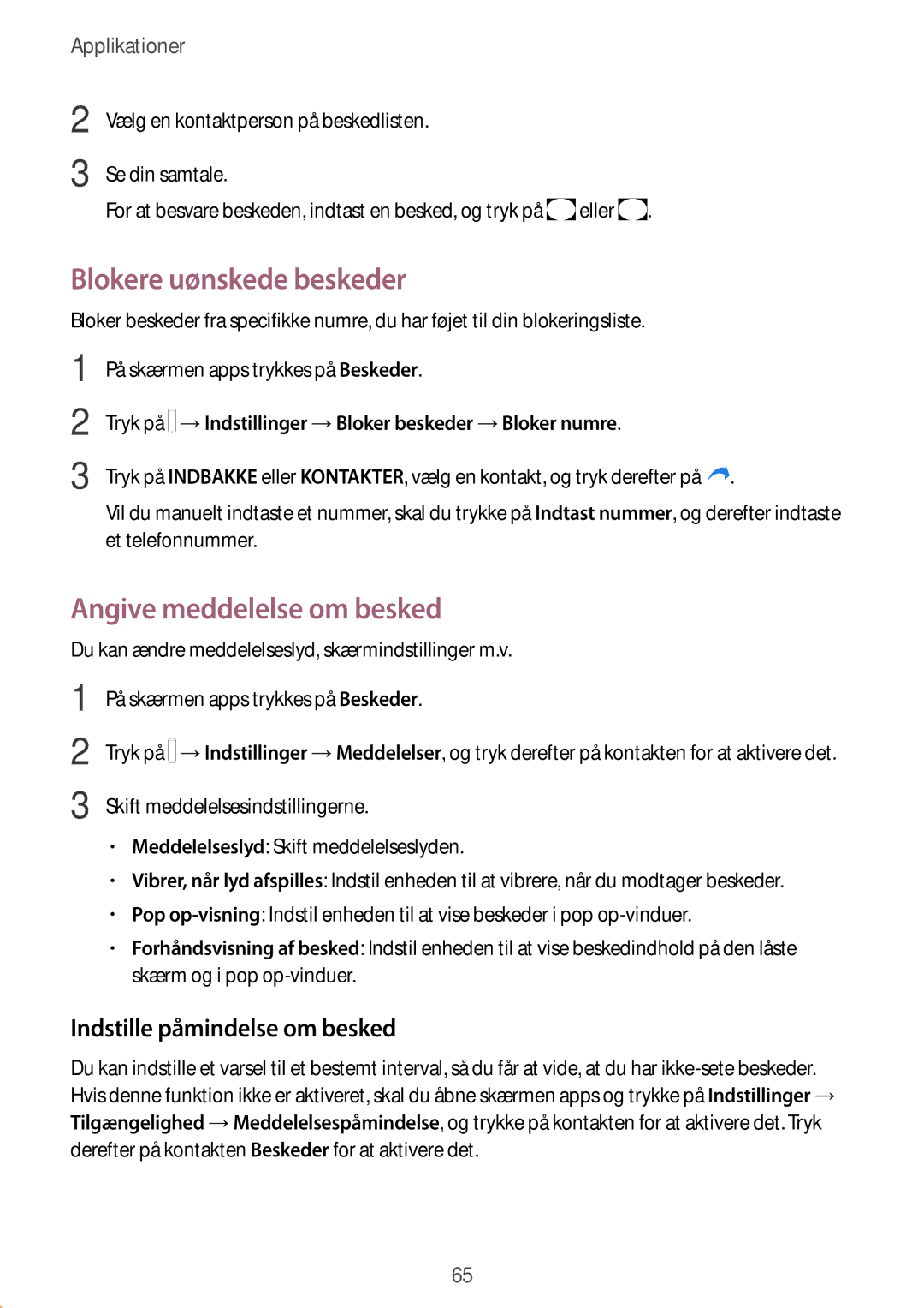 Samsung SM-J730FZDDNEE manual Blokere uønskede beskeder, Angive meddelelse om besked, Indstille påmindelse om besked 