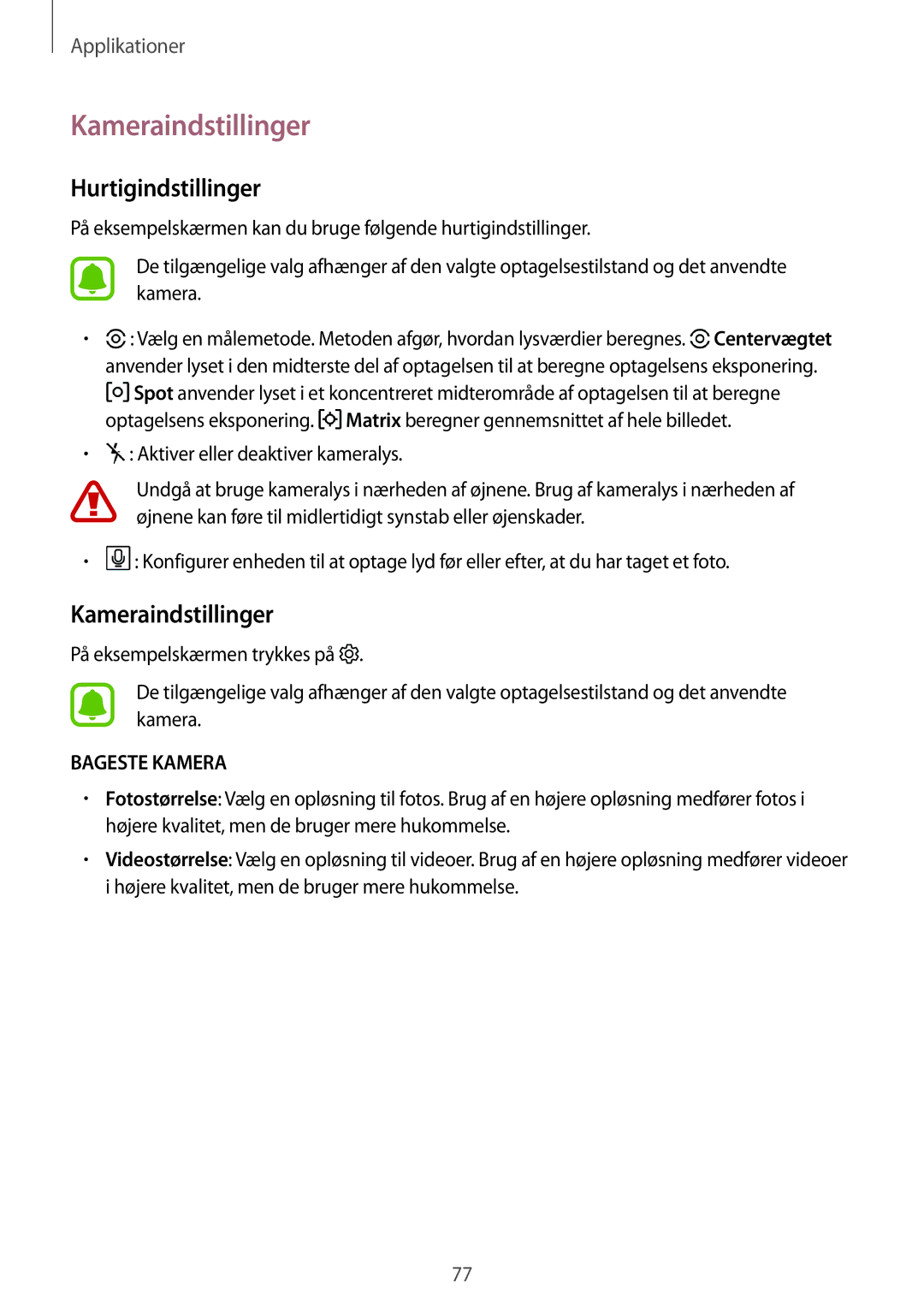 Samsung SM-J730FZDDNEE, SM-J530FZSDNEE, SM-J530FZKDNEE, SM-J730FZKDNEE manual Kameraindstillinger, Hurtigindstillinger 